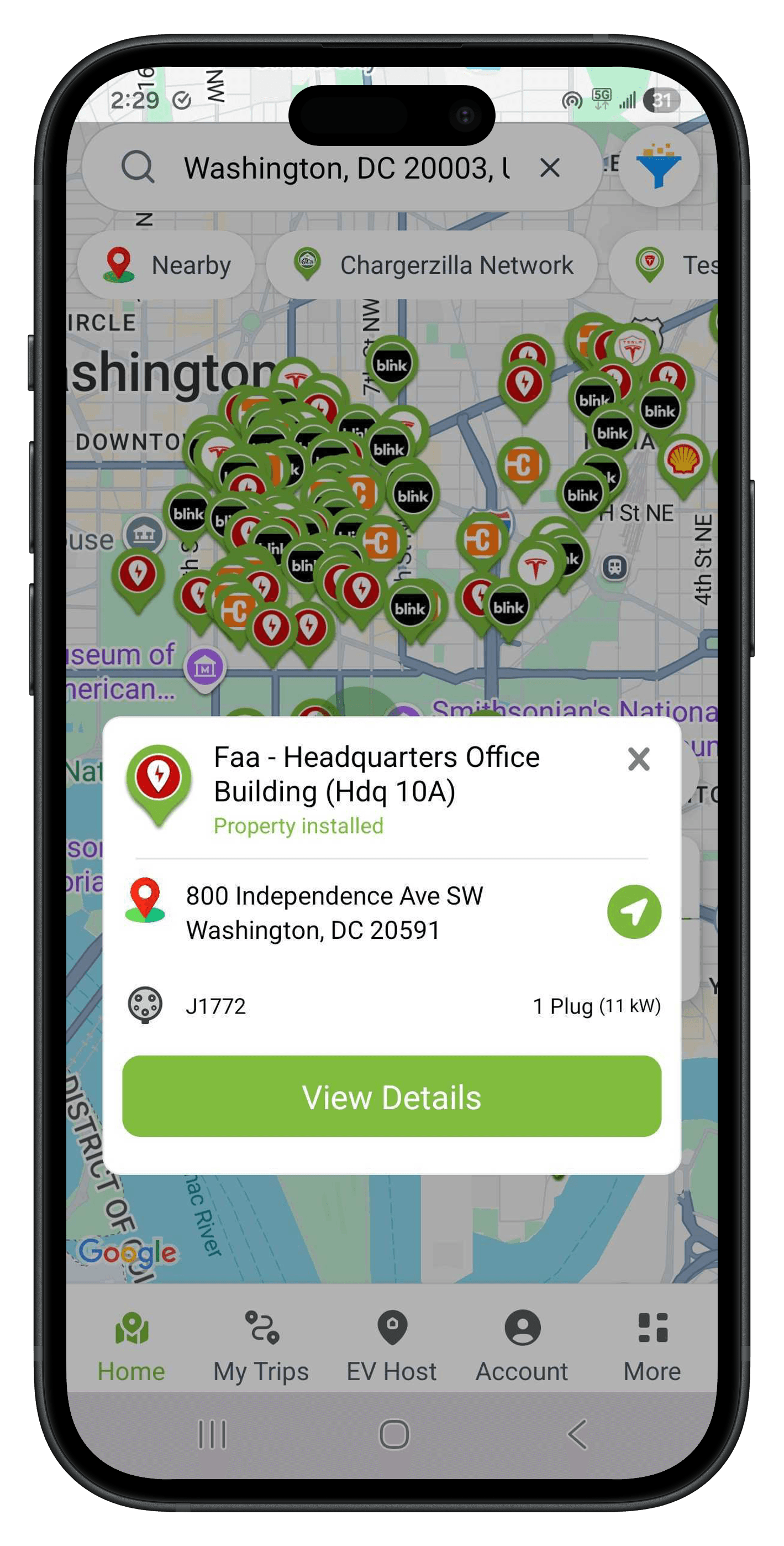 Chargerzilla map on a phone