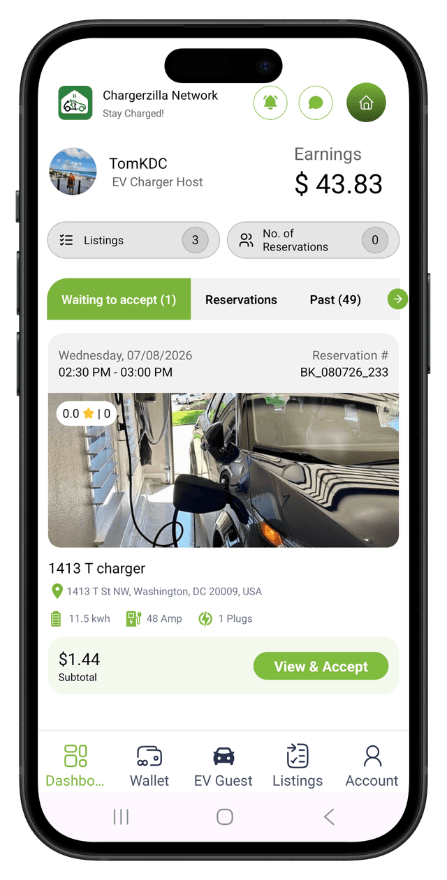 Chargerzilla booking dashboard on a phone - Screen 1
