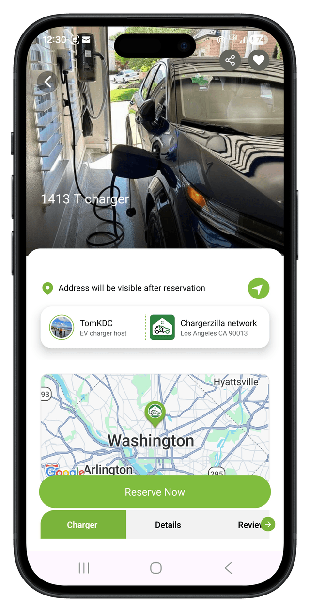 Chargerzilla booking dashboard on a phone - Screen 2