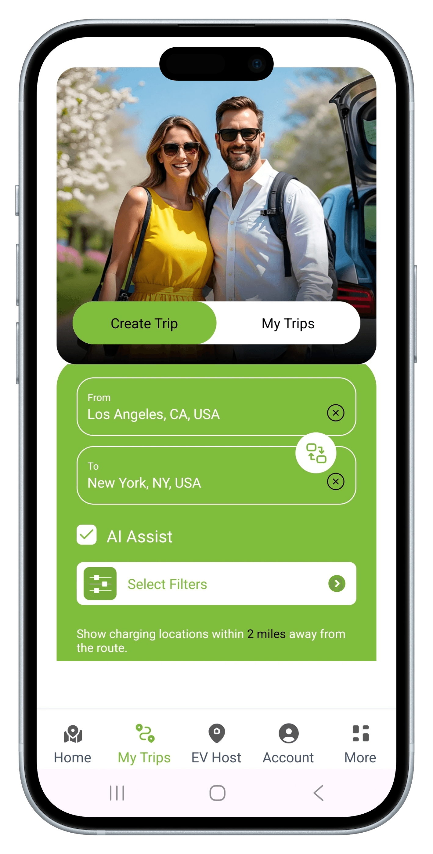 Chargerzilla app trip planner screen